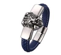 Pulsera de cuero gótica para hombre, pulsera de cadena con cabeza de león con adornos de acero inoxidable, 18.5CM, Azul, No es una piedra preciosa
