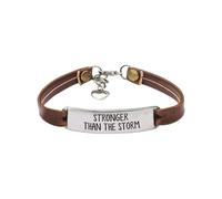 Pulsera de cuero "Más fuerte que la tormenta", brazalete ajustable de acero inoxidable, pulsera inspiradora con grabado de amor propio, regalo de joyería para hombres y mujeres (# 1)