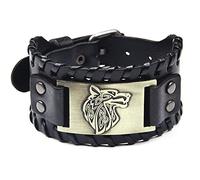 Pulsera de cuero negro y marrón, con patrón de cabeza de lobo vikingo, estilo vintage, estilo nórdico punk, pulsera ancha para hombres y mujeres, Cuero sintético