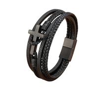 Pulsera De Cuero,Pulsera Cruzada De Cuero para Hombre con Cierre Magnético Pulseras Multicapa Cierre Trenzado A Mano Brazalete Punk Regalo para Niños Accesorios De Joyería para Él Negro 21 Cm