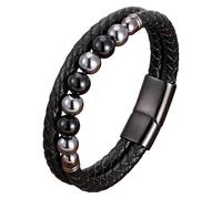 Pulsera De Cuero Trenzado Negro Para Hombre, Con Cuentas De Hematita Y Piedra Natural. Pulsera Vintage De Doble Capa Trenzada. Joyería Única Hecha A Mano, Ideal Como Regalo Para Él. Ónix Negro,