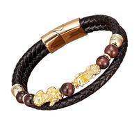 Pulsera De Cuero Trenzado Negro Pi Xiu Para Hombre, Con Cuentas De Piedra Natural Y Cierre Magnético. Amuleto De La Suerte Feng Shui. Joyería Para Hombre Y Mujer. Color Dorado. Talla F. 19 Cm.