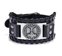 Pulsera de cuero vikingo, pulsera de martillo de Thor nórdico, pulsera ancha de tótem de runas de Odin, Brazaletes de nudo celta, brazalete de piel de vaca vintage para hombres y mujeres (Negro)