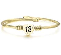 Pulsera de cumpleaños de corazón de plata con número de la suerte: una pulsera abierta ajustable para mujeres, hermanas, amigas y mamás, un regalo de cumpleaños pensado para mujeres, 18, Acero