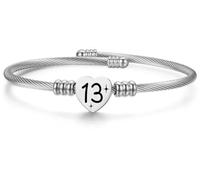 Pulsera de cumpleaños de corazón de plata con número de la suerte: una pulsera abierta ajustable para mujeres, hermanas, amigas y mamás, un regalo de cumpleaños pensado para mujeres, 16, Acero