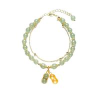 Pulsera de doble cadena de jade imitación pulsera retro elegante joyería de mano mujer San Valentín borla amor corazón pendientes, One Size, Vidrio, No es una piedra preciosa