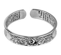 Pulsera de Estilo Chino Vintage S999 Pulsera de Plata Esterlina en Relieve Lotus Prajna Paramita Pulsera de Escritura Abierta de Plata Pura, LJBLEUSK