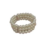 Pulsera de fantasía de 3 filas de perlas blancas, joyas para mujer, boda, ceremonia, noche elegante, diámetro 7 cm elástico ajustable, ancho 3 cm, talla única, Perla, No es una piedra preciosa
