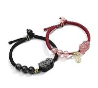 Pulsera de Feng Shui, Pulsera de Plata Feng Shui Pulsera de Riqueza Negra Joya de Piedra Negro pi yao Piedra Brazalete Chakra balanceando Gemas Prosperidad Dinero Inesperado (Conjunto de 2)