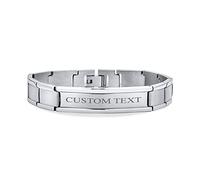 Pulsera de identificación con placa de nombre personalizada de 8 pulgadas, banda de reloj de acero inoxidable tono plateado personalizable para hombres, grabado personalizado.