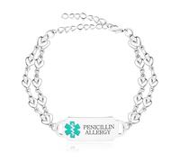 Pulsera de identificación médica - pulsera de identificación de Alerta médica de doble corazón de acero inoxidable, adecuada para la abuela materna ya5198 (alergia a la penicilina tallada)