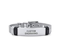 Pulsera de identificación personalizable con grabado, placa de nombre, correa de muñeca, hebilla de cinturón, pulsera de malla para hombres y mujeres, tono plateado, acero inoxidable, ajustable,