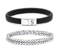 Pulsera de los hombres Pulseras de acero inoxidable Pulsera de cuero Pulsera de los hombres acero inoxidable grabado 2 piezas Pulseras hombres cubana Pulsera de cuero con cierre magnético Regalos (S)