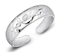 Pulsera De Mujer Con Plata De Ley,Pulsera De Plata De Ley 925 Para Mujer Brazalete De Loto Chino Vintage Brazalete Tallado A Mano Joyería De Plata De Las Señoras Regalos De Cumpleaños Para Herman