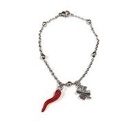 Pulsera de mujer de acero con cuerno de la suerte con colgante de trébol de cuatro hojas. Fabricada en Italia. Pulsera de acero emocional con frases, pensamientos, palabras con charms. Colgante de
