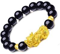 Pulsera de obsidiana Negra, Pulsera de Cuentas 1pc Obsidian Suck Luck Luck Mascot Amulet (obsidiana más Dos Cuentas de Oro)