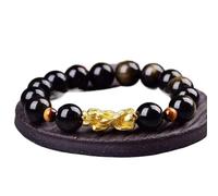 Pulsera de obsidiana Negra, Pulsera de Oro Chapado en Oro Natural obsidiana Redonda de Perlas Redondo Brazalete Dinero Prosperidad 12 mm