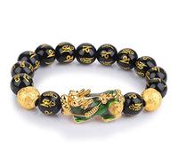 Pulsera de obsidiana, Piyao, seis palabras, pulsera de cristal de obsidiana negra natural for protección, Feng Shui, riqueza, pulsera de piedra de mantra tallada for hombres y mujeres.(2-12mm)