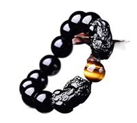 Pulsera de obsidiana, pulsera de cuentas redondas de doble Piyao, pulsera de ojo de tigre de obsidiana negra natural, ajustable, protege contra los malos espíritus for mujeres y hombres.(12mm)