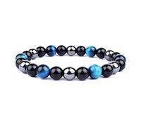 Pulsera de ojos de tigre, pulsera de imán de piedra negra de ojos de tigre, elimina la electricidad estática,lidera las tendencias de la moda (Pulsera de Ojo de Tigre Azul, 8MM(7.5"))