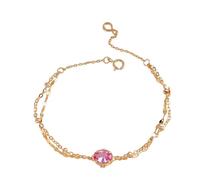 Pulsera de oro rosa de 9 K/14 K/18 K, joyas de oro auténtico, con cadena ovalada de corindón rosa de doble nivel, Oro rosa de 9 quilates, Corindón rosa