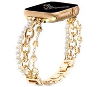 Pulsera de perlas compatible con Apple Watch de 38 mm, 40 mm, 41 mm, 42 mm, 44 mm, 45 mm, para mujeres y niñas, pulsera de moda hecha a mano, elegante pulsera para iWatch, Forma de Corazón Oro, 42mm