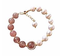 Pulsera de perlas de agua dulce con cristal de fresa rosa - Pulsera de diseño retro temperamento correa de cuero, talla única, Acero aleado, No es una piedra preciosa