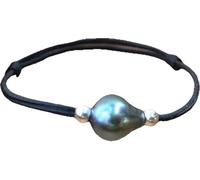 Pulsera de perlas de Tahití en piel negra, perlas de plata maciza, talla ajustable con lazos deslizantes, Promedio, perla, Pearl
