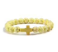 Pulsera de Piedra Natural para Hombres y Mujeres,8mm,Piedra Preciosa Natural con Dije de Cruz,Cuentas Elásticas,Brazaletes de La Amistad, para Jesús,Cristianismo,Amarillo,8mm