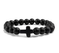 Pulsera de Piedra Natural para Hombres y Mujeres,8mm,Piedra Preciosa Natural con Dije de Cruz,Cuentas Elásticas,Brazaletes de Amistad, para Jesús,Cristianismo,Negro,8mm