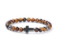 Pulsera de piedra - Pulsera cruzada Cálculo biliar negro para hombre Pulsera elástica con cuentas de piedra de ojo de tigre de 6 mm Pulsera de invierno de moda retro, piedra de tigre amarilla, tal