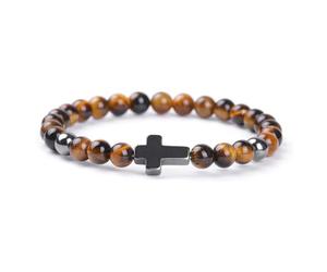 Pulsera de piedra - Pulsera cruzada Cálculo biliar negro para hombre Pulsera elástica con cuentas de piedra de ojo de tigre de 6 mm Pulsera de invierno de moda retro, piedra de tigre amarilla, tal