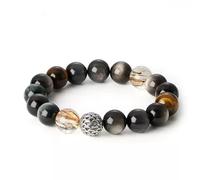 Pulsera de piedras preciosas naturales, obsidiana plateada y ojo de tigre y oro negro, súper siete cuarzo y piedra de ojo de halcón para protección y equilibrio, cuentas redondas hechas a mano de 12