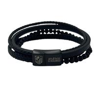 Pulsera de piel color negro del Atlético de Madrid. Varias tiras trenzadas y lisas en cuero 100% vacuno. Cierre de seguridad con imán. Se entrega en caja negra con el Escudo en color plata.