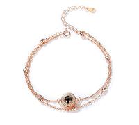 Pulsera de Plata de Ley S925 Cadena de Doble Capa Colgante Redondo Idiomas de Memoria Proyección 100 Idiomas Expresión Te Amo Pulsera de Mujer con circonita cúbica Grifos para el hogar de Oro Rosa