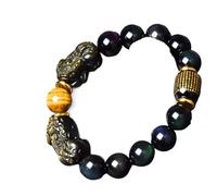 pulsera de plata, pulsera de cadena de mano Feng Shui Pulsera doble Pixiu/Pixiu atrae riqueza y prosperidad, obsidiana arcoíris, piedra de ojo de tigre, sutra del corazón, pulsera de cristal, talismán