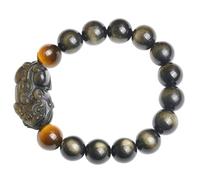 Pulsera de riqueza de Feng Shui - Pulsera de mascota de obsidiana de oro natural con cuentas espaciadoras de piedra de ojo de tigre - amuleto de buena suerte para hombres y mujeres, 10MM, Piedra, Sin