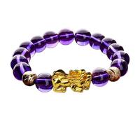 Pulsera de riqueza Feng Shui Pixiu - Cuentas de cristal de amatista helada 9A natural pura para atraer dinero, buena suerte y fortuna | Talismán Pi Yao relleno de oro para prosperidad y sabiduría