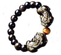 Pulsera De Riqueza Feng Shui Pulsera De Obsidiana De Oro Natural Pulsera Doble Talismán De Ojo De Tigre Amarillo Pulsera De Cuentas Elástica para La Prosperidad Dinero Buena Suerte Unisex,10MM