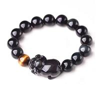 Pulsera de Riqueza Pulsera de Cerdo de obsidiana Pulsera de Ojo de Tigre Pulsera de Cuentas Pulsera con dijes de Feng Shui Pulsera Ajustable Pulsera de Piedras Preciosas Amuleto Atraer Riqueza, 10MM