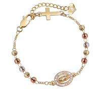 Pulsera de Rosario con Crucifijo Católico para Mujer Cadena con Dijes de Cruz de Jesús y Virgen María en Oro de 14K, Delicado Regalo Religioso de la Virgen de Guadalupe para Bautizo y Primera Comunión