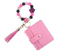 Pulsera de silicona con cuentas de patas, tarjetero, tarjetero, ventana, llavero, borla, llave de coche, monedero, monedero (rosa)