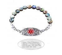 Pulsera dinámica de alerta médica con código QR para mujer, cuentas redondas de concha de abulón e identificación de acero inoxidable, escanea para editar información de emergencia, joyería de