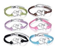 Pulsera doble con adornos de corazones, pulsera de la amistad, hecha a mano, de cuero trenzado y aleación, ajustables, para mujeres y niñas, de Yumilok, 6 unidades