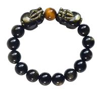 Pulsera doble de mascota Feng Shui, amuleto de obsidiana para curación de chakras, brillo dorado, para prosperidad y buena suerte, 14mm, Piedra, Sin piedra preciosa