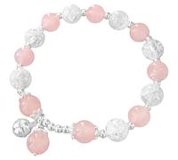 Pulsera elástica de cuarzo rosa y plata para mujer con dije de campana, hecha a mano, resistente al agua de 6.7 pulgadas de circunferencia