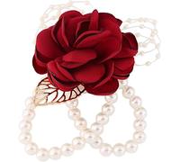 Pulsera elástica de perlas artificiales para novia, dama de honor, ramillete, botón rosa, flor artificial, color rojo vino, bonita y práctica