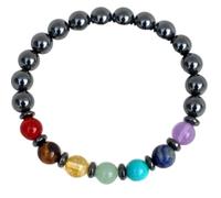 Pulsera elástica de piedras preciosas naturales de 7 chakras y hematita de 8 mm con cuentas lisas de corte redondo, multicolor, 7 pulgadas, para regalo unisex y para la buena suerte |L_STBC_00074_7.5