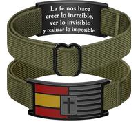 Pulsera España Militar-Pulseras de hombre elásticas con cierre ajustable hasta 25 cm-Brazalete acero inoxidable bandera española y cruz fe cristiana-Regalo personalizado con bolsa(VERDE MILITAR)