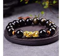 Pulsera Feng Shui Chapado en Oro 3Dpixiu / Piyao Obsidiana de Oro Natural Grano Redondo Brazalete de Cristal Dinero Prosperidad Atraer for Hombre / Mujer Cinabrio(10mm)